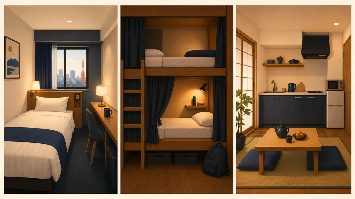 Illustration comparing three budget lodging types side by side — a compact business-hotel room, a hostel bunk nook, and a small apartment-style rental.