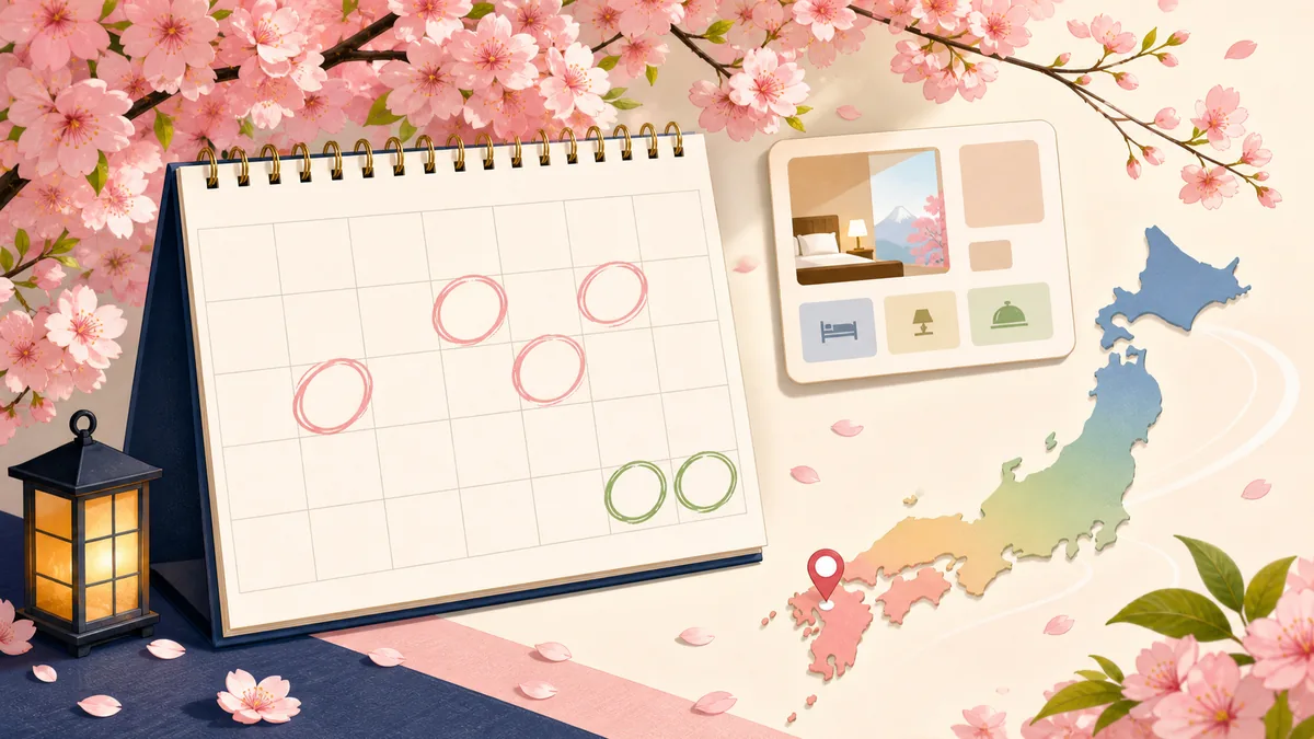 Illustration of a travel calendar under cherry blossoms with several candidate dates circled and a couple of backup dates marked further north, a hotel-booking confirmation and a bloom-forecast map beside it, conveying a flexible sakura booking plan.