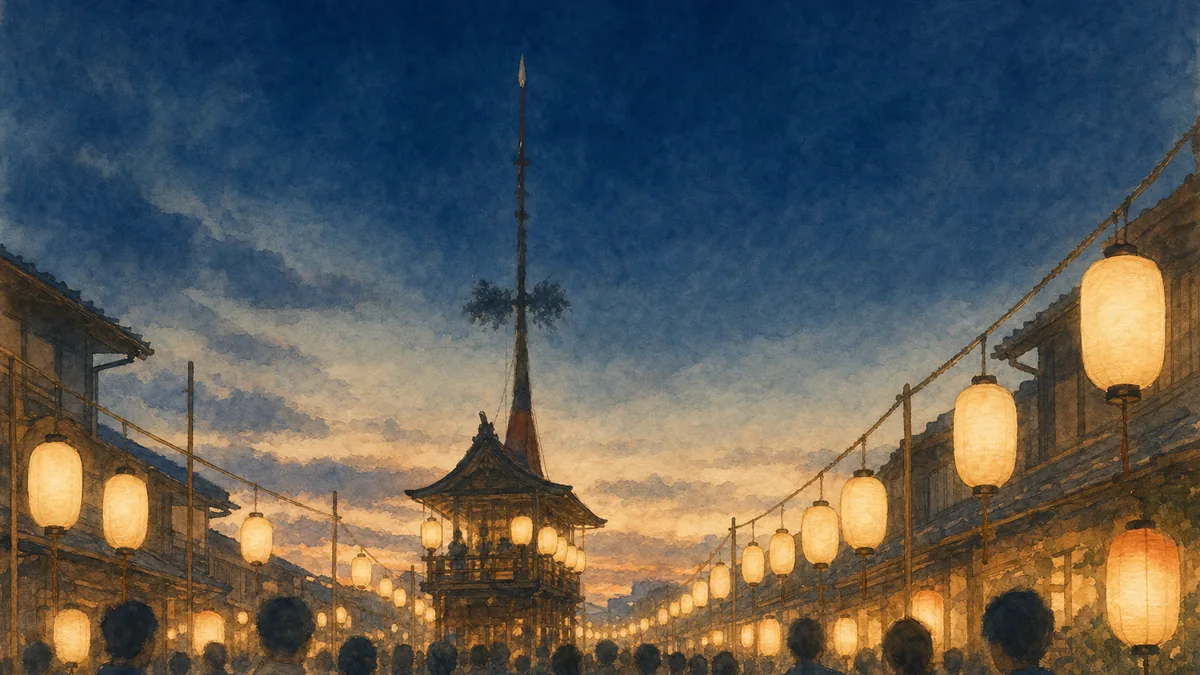 Watercolor illustration of a Kyoto festival street at dusk: the tall silhouette of a festival float rising into an indigo sky over rows of glowing paper lanterns and a soft crowd seen from behind