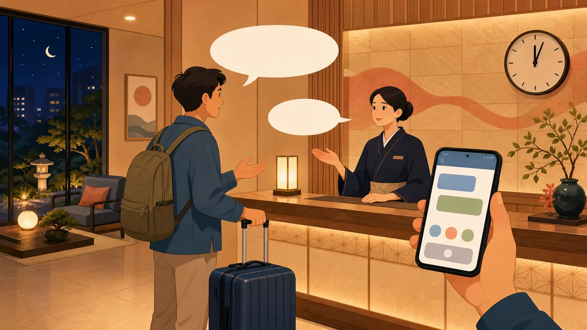 Illustration of a hotel front desk in Japan with a traveler and a suitcase, small speech bubbles showing simple Japanese phrases for luggage storage and a late check-in, a clock reading past midnight, and a phone open to a translation app — conveying calm problem-solving rather than panic.