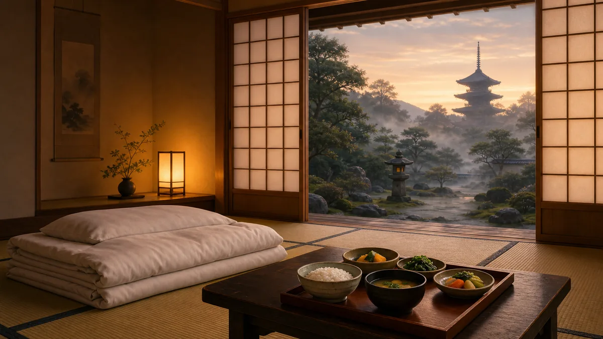 Illustration of a simple tatami guest room inside a Buddhist temple lodging near Tokyo at dawn — a folded futon, a low table with a vegetarian shojin-ryori tray, and a sliding door open onto a misty temple garden and pagoda.