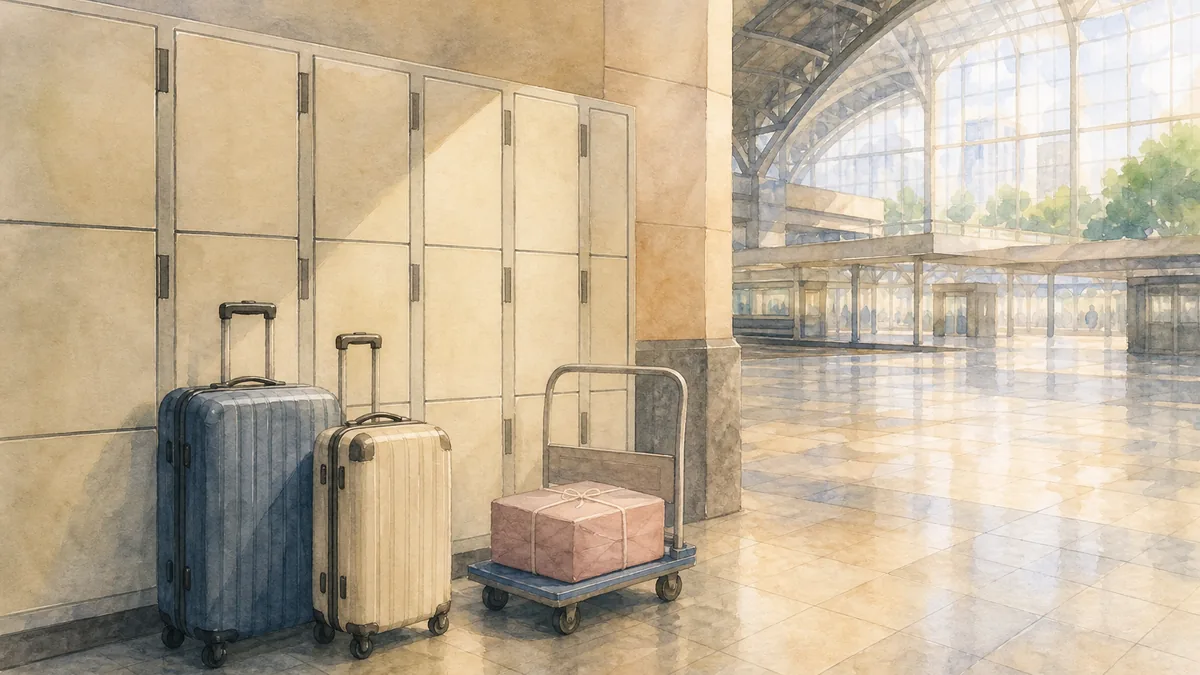 Watercolor illustration of a Tokyo station luggage corner: two wheeled suitcases beside a bank of coin lockers and a hand cart carrying a wrapped parcel, a bright arched-glass concourse behind