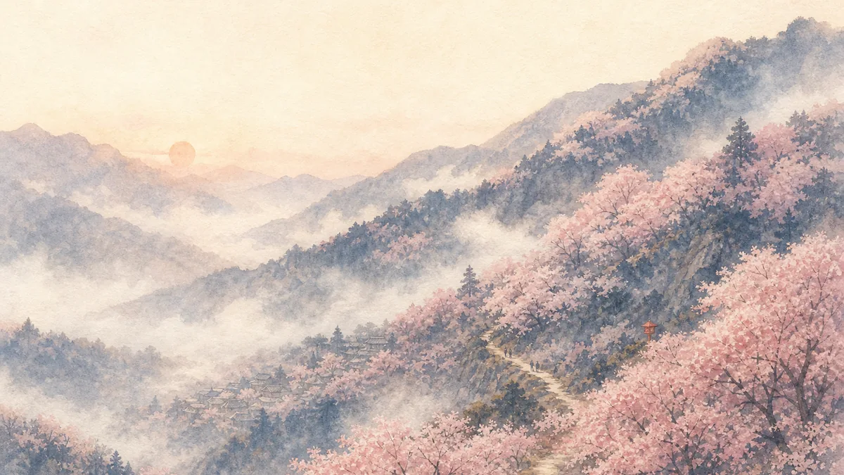 Watercolor illustration of a mountainside at dawn, covered in drifts of pale pink cherry blossoms, with a winding path and village rooftops in the morning mist